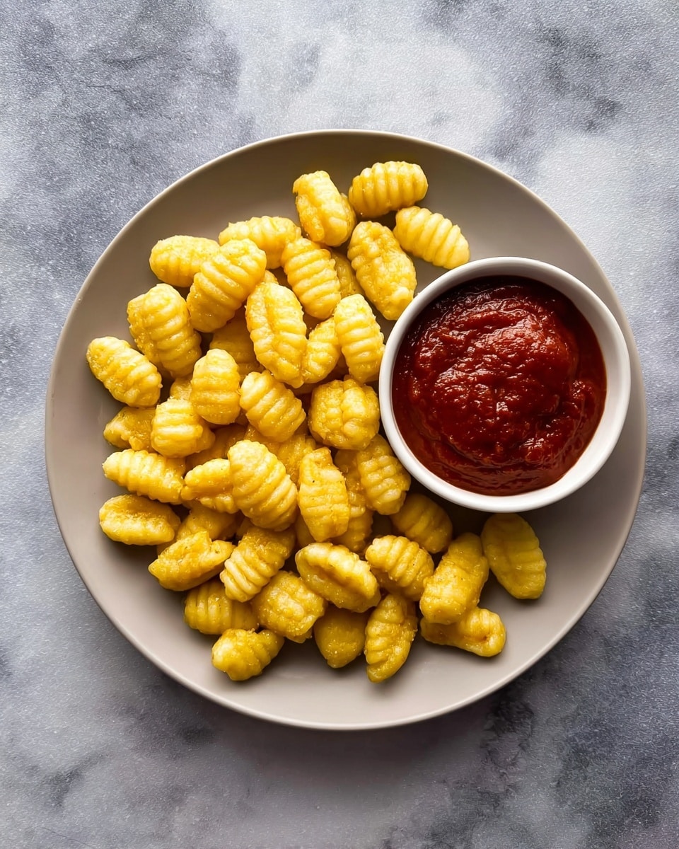 A white plate filled with a single layer of small, yellow gnocchi pieces, each with ridged texture and a soft, plump shape. On the right side of the plate, there is a small white bowl filled with thick, deep red tomato sauce. The plate sits on a white marbled surface that contrasts with the food colors. photo taken with an iphone --ar 4:5 --v 7
