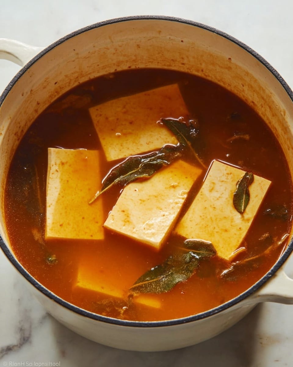 A white pot with a thin black rim contains a rich, orange-brown broth filled with three large, thick rectangular slices of tofu floating near the top. The tofu pieces have a firm, slightly smooth texture with a light creamy color. Small green herbs with delicate leaves are partially submerged in the broth, adding a touch of green to the warm orange liquid. The pot sits on a white marbled surface which softly complements the warm tones of the broth. photo taken with an iphone --ar 4:5 --v 7