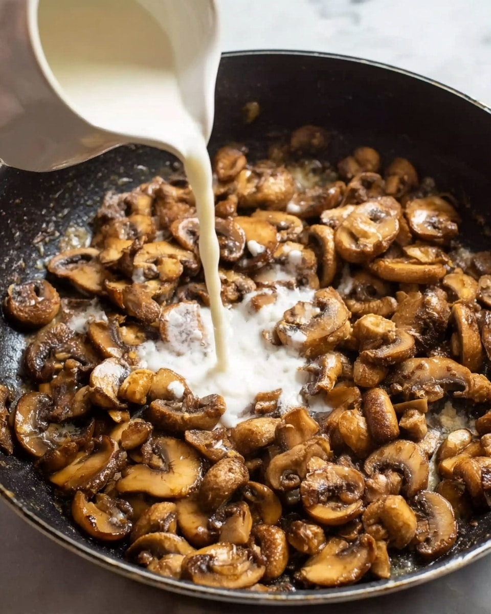 In a black pan filled with many cooked brown mushrooms that look soft and lightly browned, a white small pitcher is pouring cream or milk, creating a smooth white stream over the mushrooms. The mushrooms are spread evenly in the pan, showing some texture and slight shine from cooking. The pan is on a white marbled surface. Photo taken with an iphone --ar 4:5 --v 7