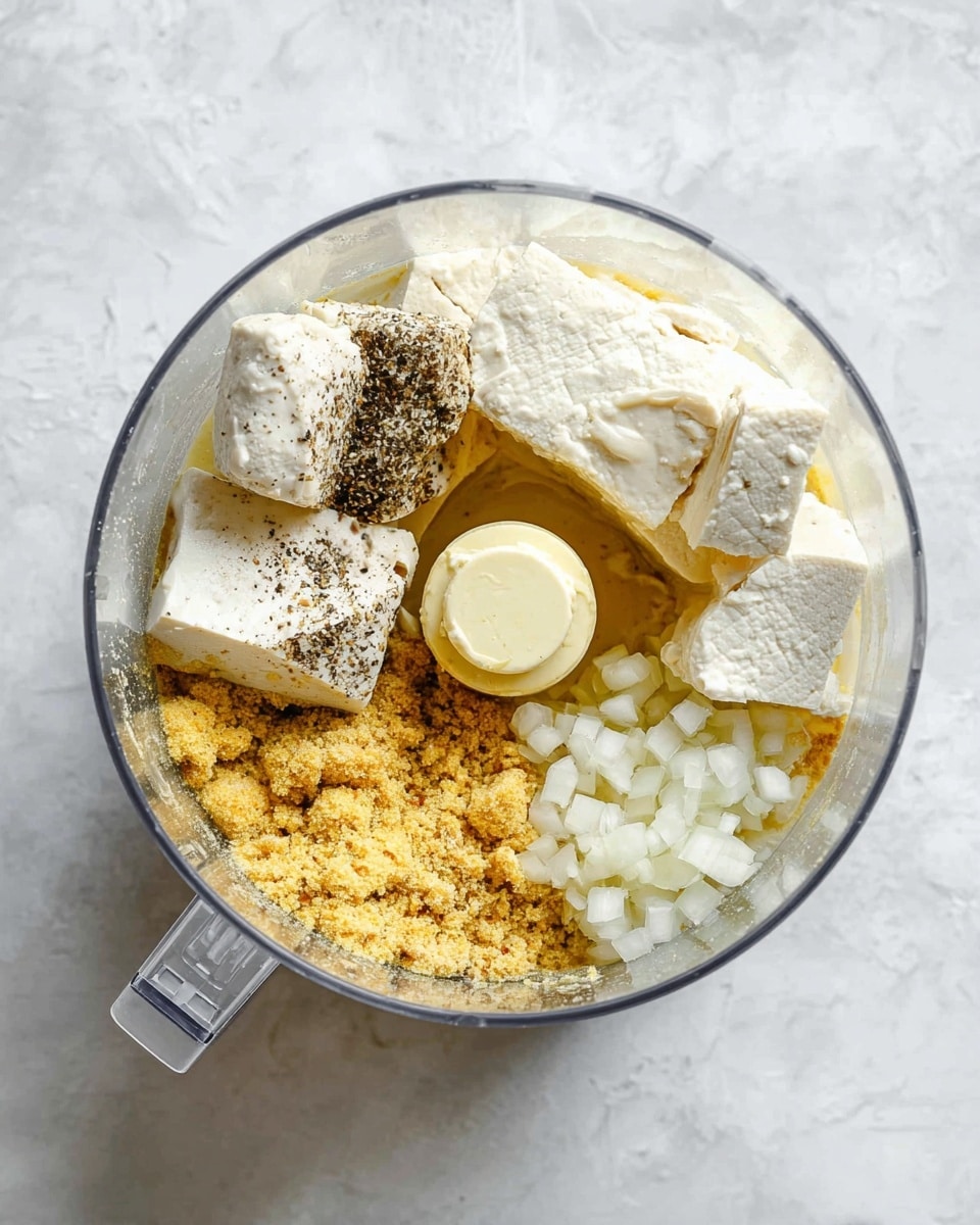 A clear food processor bowl sits on a white marbled surface, filled with untreated layered ingredients ready to be mixed. At the top left, there are chunks of white tofu with a sprinkle of black pepper on one piece. To the right, there is more large white tofu with smooth texture close by. On the bottom right is a yellowish, crumbly powdery layer, slightly covering some of the tofu. Just left of this powder is a pile of small white chopped onions. At the center of the bowl is a dollop of creamy yellowish liquid. Photo taken with an iphone --ar 4:5 --v 7