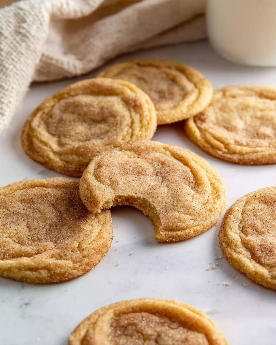 Several thin, round cookies with a golden brown color and slightly wrinkled texture are spread on a white marbled surface. One cookie near the center has a bite taken out, showing a soft inner texture. The cookies have a slightly darker edge and seem lightly sprinkled with sugar. In the background, there is a beige cloth and a white container partially visible. Photo taken with an iphone --ar 4:5 --v 7