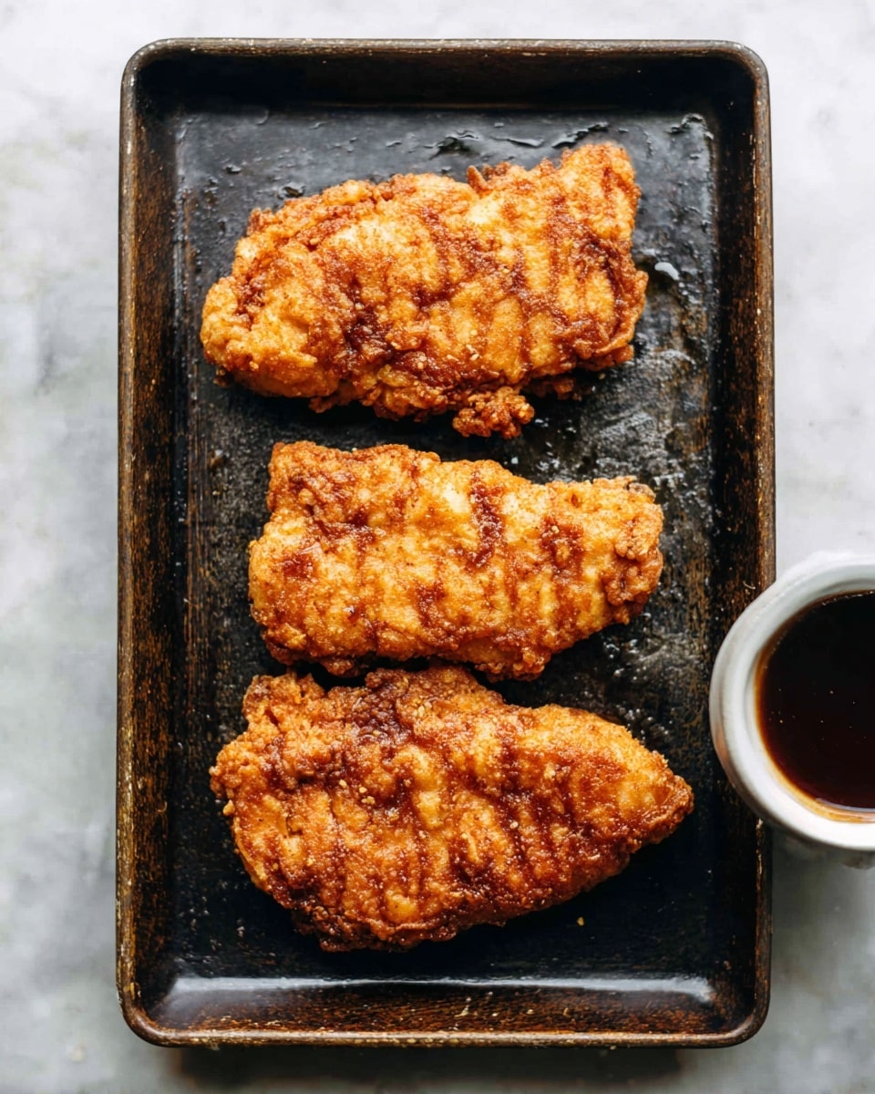 Three pieces of fried food with a golden brown, crispy textured layer are placed in a vertical line on an old, dark baking tray. Each piece has uneven surface with some darker spots showing the deep frying. At the top right corner, there is a white bowl filled with dark brown sauce partially visible. The whole setup rests on a white marbled surface. photo taken with an iphone --ar 4:5 --v 7