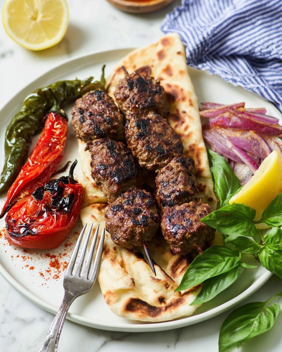 A white plate shows two skewers of grilled meatballs with a brown, slightly charred texture arranged in the center over a folded flatbread with light grill marks beneath. On the left side, there are two charred red grilled tomatoes and a green chili pepper with fresh green basil leaves underneath. On the right side, a lemon wedge and fresh basil leaves sit next to lightly grilled red onions sprinkled with a reddish spice. A silver fork rests diagonally across the plate on the left. The dish sits on a white marbled surface with a blue and white striped cloth in the background. photo taken with an iphone --ar 4:5 --v 7