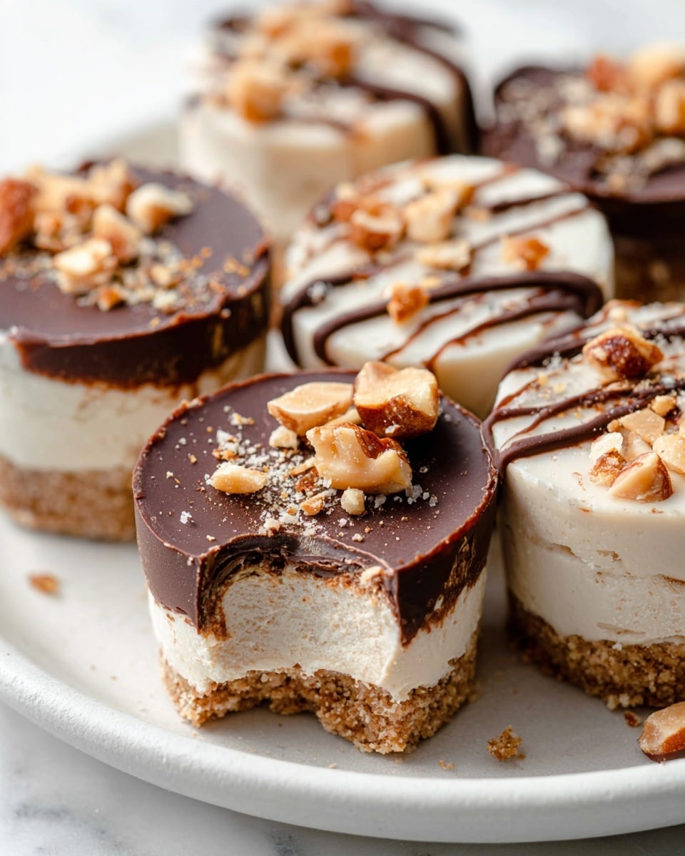 The image shows a close-up of several small round treats on a white plate with a white marbled background. Each treat has three visible layers: a bottom layer of crumbly, light brown nut crust, a thick middle layer of smooth, creamy off-white filling, and a top layer that varies between dark chocolate and white chocolate. The dark chocolate tops are smooth and shiny, sprinkled with small pieces of crushed nuts and a light dusting of flakes. The white chocolate tops are decorated with thin dark chocolate drizzle lines and similar crushed nut pieces. One treat in the foreground has a bite taken out of it, showing the distinct layers inside. Photo taken with an iphone --ar 4:5 --v 7
