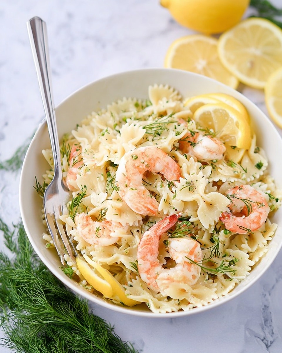 A white bowl filled with layers of farfalle pasta mixed with small green herb pieces, topped with several pink shrimp arranged on top and among the pasta. There are thin lemon slices placed on the pasta along with green dill sprigs scattered around, adding bright green color and texture. A silver fork stands upright in the bowl on the left side. In the background, more lemon slices and dill sprigs rest on a white marbled surface. The overall look is fresh, light, and colorful. photo taken with an iphone --ar 4:5 --v 7