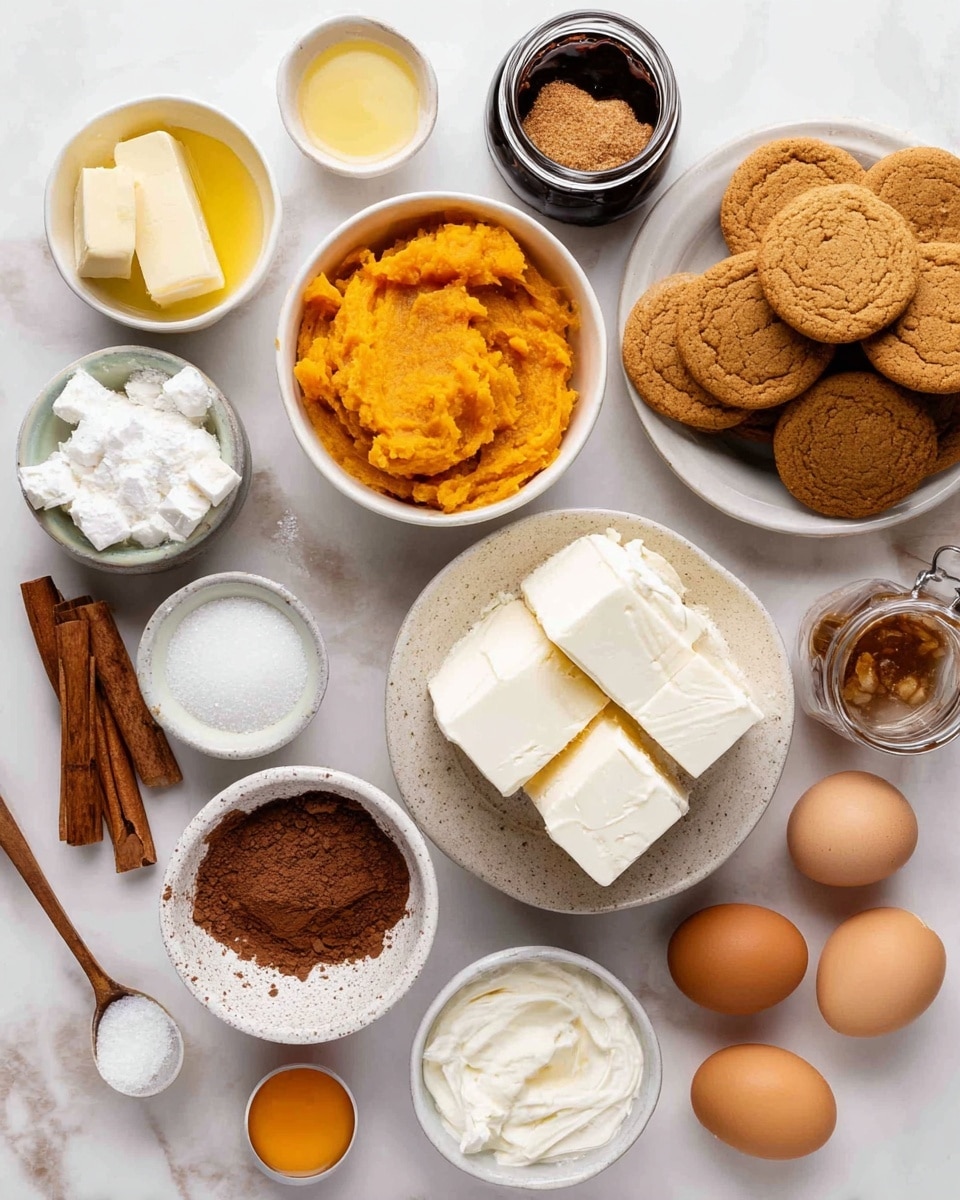 The image shows several ingredients arranged on a white marbled surface. There are four egg yolks and egg whites in a white bowl on the bottom right. To the left of the eggs, there is a small bowl of melted yellow butter. Next to that, a bowl of brown sugar sits beside a jar with dark brown sugar. Above these, there is a white bowl filled with orange mashed pumpkin. To the left of the pumpkin, a small bowl contains brown cocoa powder with a spoon. In the center, a white bowl holds three thick white blocks of cream cheese. At the top right, a speckled white bowl is filled with round light brown cookies. Several more cookies lie scattered on the white marbled surface. A small white bowl with white granulated sugar and a spoon is near the bottom left. A small bowl of vanilla extract and some cinnamon sticks in a glass jar are visible on the right side. The overall setting is clean, organized, and colorful with earthy tones. Photo taken with an iphone --ar 4:5 --v 7