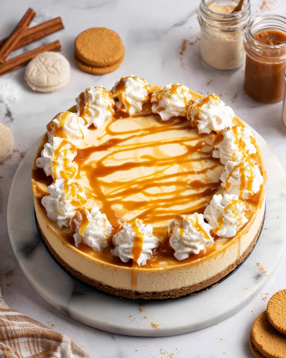 The image shows a round cheesecake placed on a white marbled plate. The cheesecake has a golden brown crust on the bottom and a smooth, creamy light beige filling with swirls of darker caramel-colored sauce running across the top. Around the edge of the cheesecake, there are dollops of white whipped cream, each topped with thin lines of caramel sauce that also drizzle down the sides. The background features a white marbled surface with scattered small round cookies and jars of brown and white powders, along with cinnamon sticks, adding a cozy touch. Photo taken with an iphone --ar 4:5 --v 7