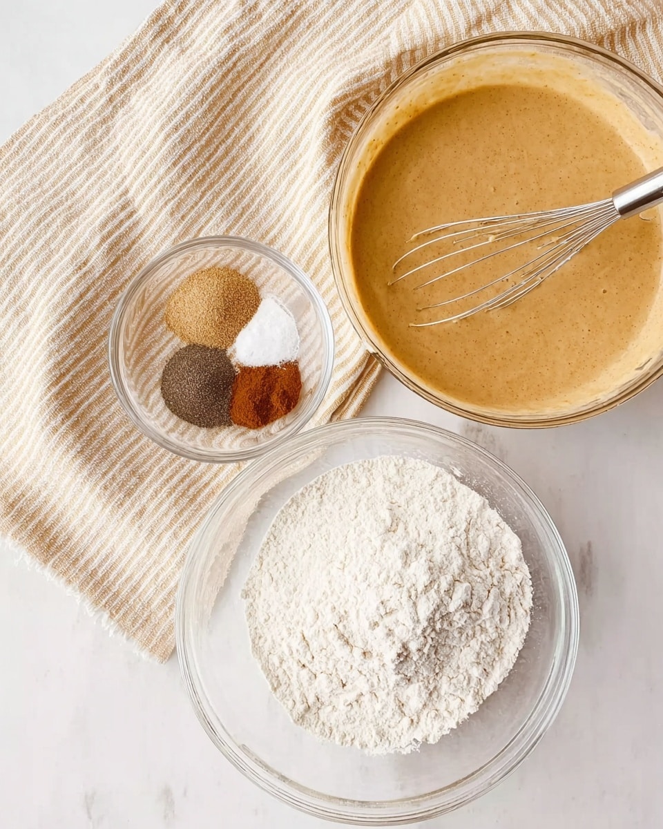 The image shows a white marbled surface with three clear glass bowls arranged closely. The largest bowl on the right contains a smooth, light brown batter with a metal whisk resting inside it. Below and slightly to the left is a medium bowl filled with fine white flour, showing a soft, powdery texture. Above this bowl, there is a small bowl holding four different spices in separate sections, each with distinct colors: a dark brown, a light brown, a reddish-brown, and a black powder. A beige and white striped cloth is placed behind the bowls, covering part of the surface. The overall color scheme is warm and neutral, with a focus on natural ingredients. photo taken with an iphone --ar 4:5 --v 7