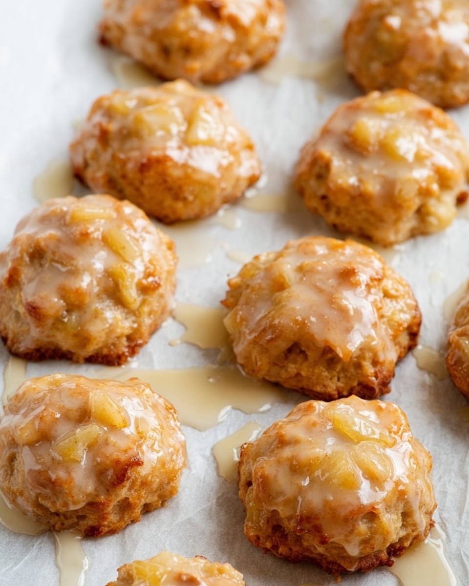 The image shows nine small round cookies arranged in three rows on white parchment paper placed on a white marbled surface. Each cookie has a golden-brown top with visible small chunks of apple embedded in the dough, giving a slightly rough and uneven texture. A shiny, translucent glaze coats the top of the cookies, pooling slightly around them and creating a glossy finish. The cookies look soft with light browned edges and moist centers, and the photo captures the light reflecting off the glaze and the texture of the apples within the dough photo taken with an iphone --ar 4:5 --v 7
