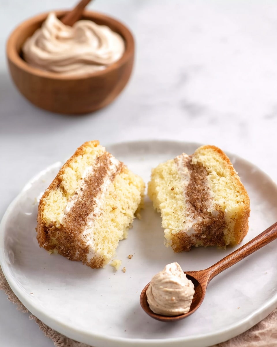 The image shows a white plate with two pieces of a sliced cake, each piece having two layers of light yellow sponge with a middle layer of brown cinnamon filling. Next to the cake pieces on the plate is a wooden spoon holding a small dollop of light brown cinnamon-flavored cream. In the background, there is a small wooden bowl filled with more cinnamon cream, all set on a white marbled surface. Photo taken with an iphone --ar 4:5 --v 7