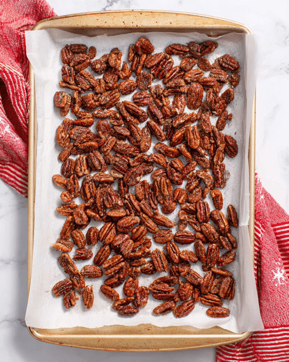 A baking tray lined with white parchment paper filled with a single even layer of roasted pecans, showing a rich brown color with a slightly rough texture from seasoning, each pecan piece split or whole, spread out uniformly. The tray is placed on a white marbled surface, and there is a red and white striped cloth visible on the right side. Photo taken with an iphone --ar 4:5 --v 7