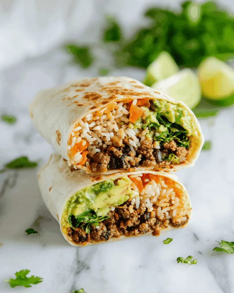 Vegan Walnut Meat Burritos with Seasoned Rice, Beans, and Fresh Fixings Recipe