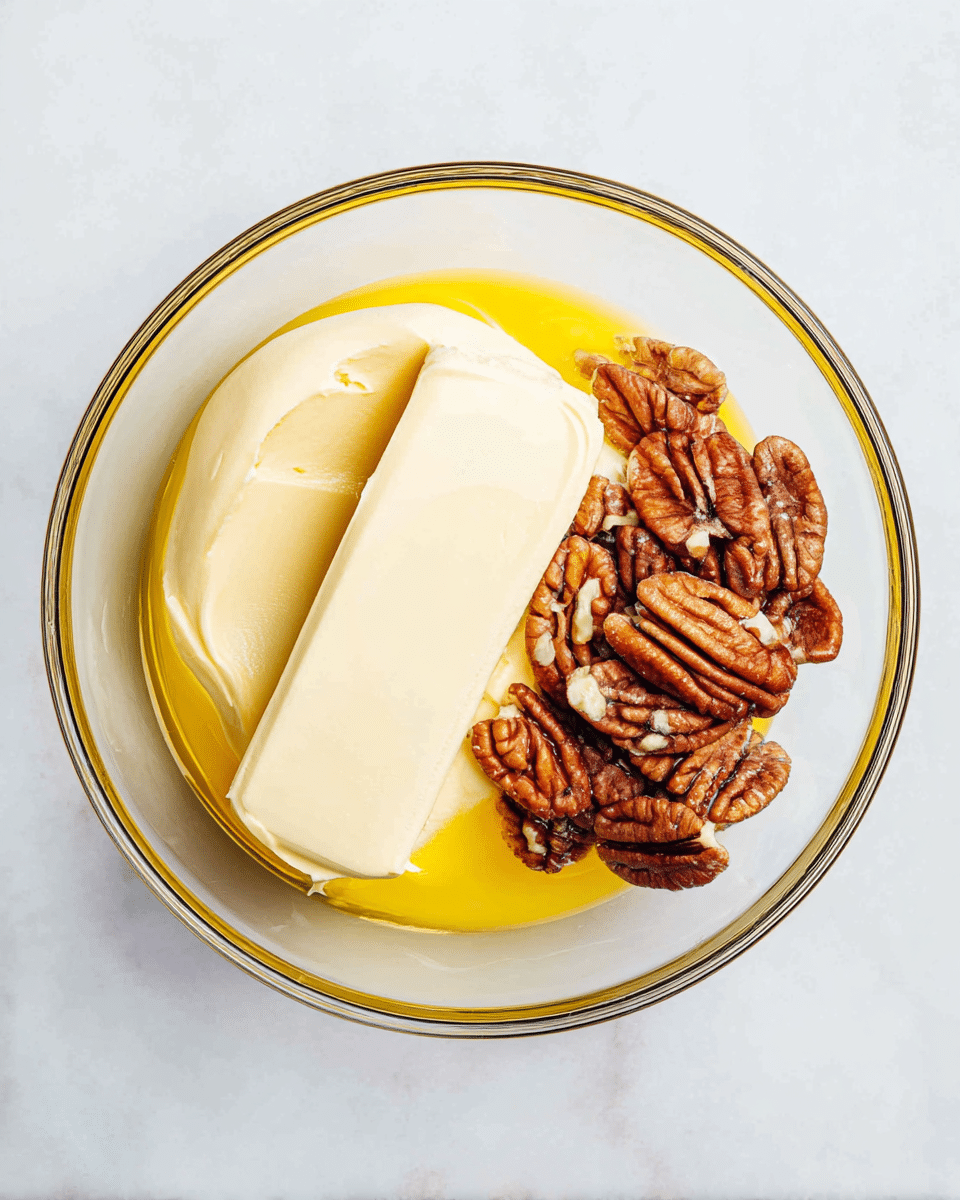 A clear glass bowl contains three main layers placed side by side on a white marbled surface: on the left is a smooth pale beige creamy layer, in the middle is a thick stick of off-white butter resting on a shiny yellow melted butter pool, and on the right is a pile of rich brown pecan nuts with textured ridges. The contrast between the smooth creamy layers and the rough nuts creates a visually rich composition. photo taken with an iphone --ar 4:5 --v 7