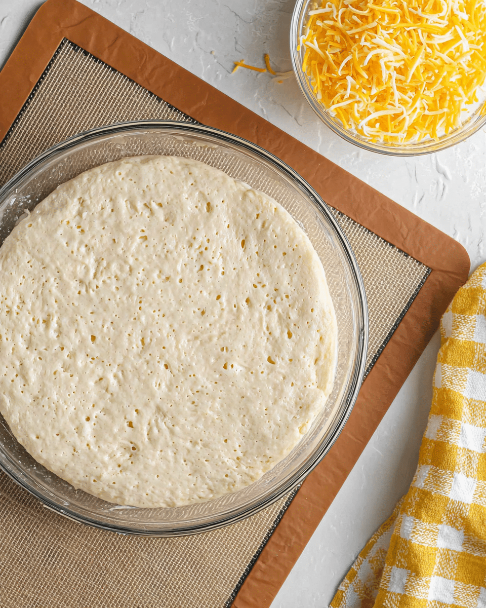 A clear glass bowl filled with bubbly, light beige dough with small holes and a slightly uneven texture, sitting on a baking mat with a tan and black border. To the right of the bowl, there is a smaller clear glass bowl filled with vibrant yellow and white shredded cheese. In the bottom right corner, a yellow and white checkered cloth is partially visible on a white marbled surface. The scene shows a fresh dough preparation with a simple, clean background. photo taken with an iphone --ar 4:5 --v 7