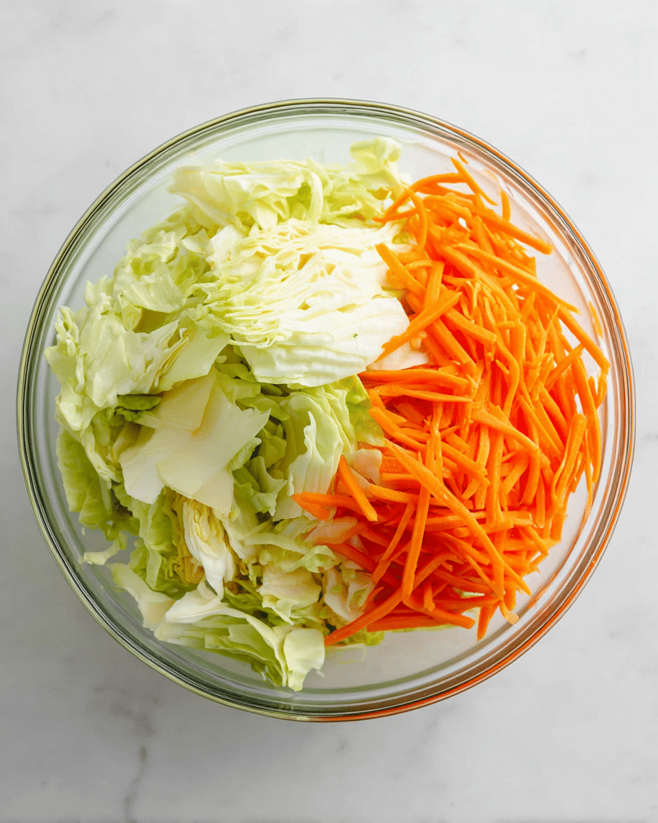 A clear glass bowl is filled with two main layers of raw vegetables on a white marbled surface. The left side of the bowl holds large, uneven pieces of pale green and white cabbage leaves with a soft, leafy texture. The right side of the bowl is filled with thin, long strips of bright orange carrots, which look crisp and fresh, creating a sharp contrast against the cabbage. The bowl shows a clear separation between the green cabbage and the orange carrots, highlighting their fresh colors and textures. photo taken with an iphone --ar 4:5 --v 7