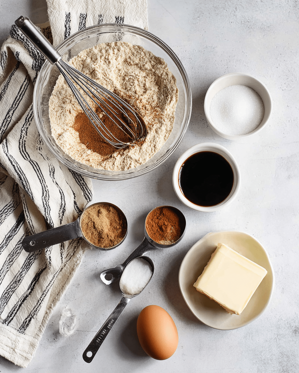 A clear glass bowl on the left holds a dry mix of light brown flour with darker cinnamon and brown spices layered on top, with a metal whisk resting inside. Next to the bowl is a white tea towel with black stripes. On the white marbled surface, several small white bowls and metal measuring spoons hold other baking ingredients: to the upper right, a white bowl with white granulated sugar; below it, a small white bowl with dark liquid, likely vanilla; next to that, a metal measuring cup filled with light brown sugar; below, a brown egg is placed directly on the surface; to the bottom right, a white bowl contains a block of pale yellow butter; and to the bottom left, a metal measuring spoon holds white solid shortening. The arrangement is neat and bright, ready for baking preparation. photo taken with an iphone --ar 4:5 --v 7