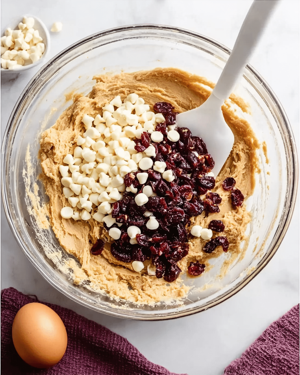 A clear glass bowl sits on a white marbled surface, filled with light brown cookie dough that has a smooth but thick texture. On top of the dough, there are two layers: one made of small white chips scattered unevenly, and another of dark red dried cranberries piled mostly in the center. A white spatula rests inside the bowl, touching the dough on the left side. Part of a brown egg and a purple cloth are visible near the bowl at the bottom edges. Photo taken with an iphone --ar 4:5 --v 7