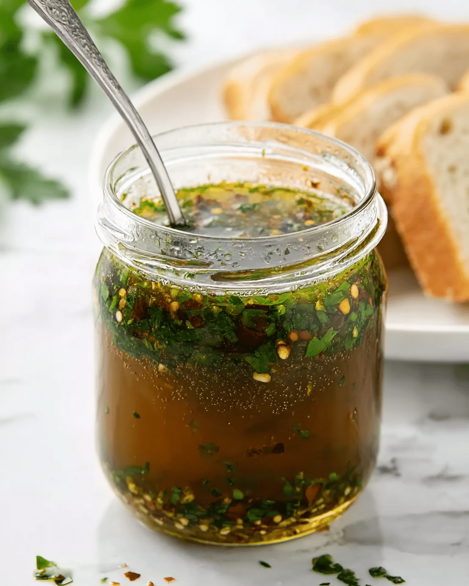 A clear glass jar filled almost three-quarters with a greenish-brown liquid mixed with visible chopped green herbs and small red chili flakes floating inside. The jar has a metal spoon inside it, with the handle sticking out. Behind the jar, there is a white plate holding light brown, textured bread slices, all placed on a white marbled surface with some out-of-focus green leaves in the background. photo taken with an iphone --ar 4:5 --v 7
