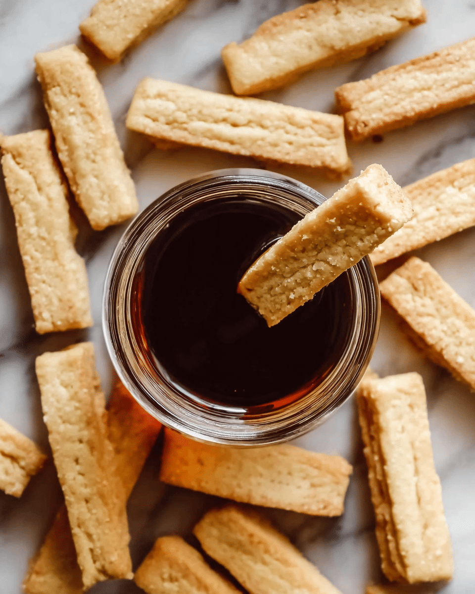 A clear glass jar filled with dark brown liquid sits on a white marbled surface, surrounded by many light golden tan rectangular biscuit sticks with a slightly rough texture on top. A woman's hand gently holds one biscuit stick and dips it into the dark liquid inside the jar. The biscuits are scattered loosely around, creating a casual arrangement. Photo taken with an iphone --ar 4:5 --v 7