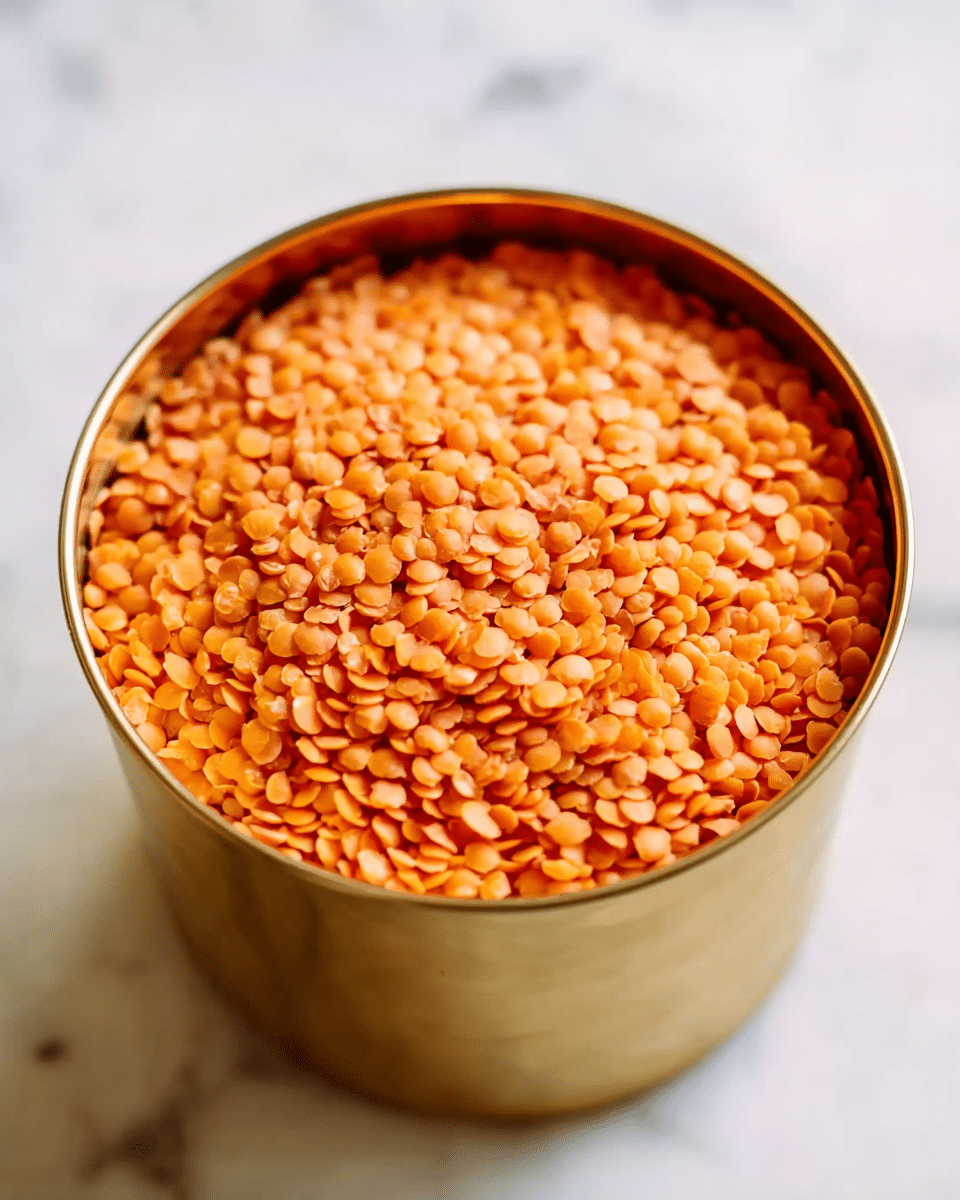 A close-up image of a tall golden metal pot filled to the brim with small, round, orange lentils. The lentils create a smooth, even surface with a slightly glossy texture inside the pot, which sits on a white marbled surface. The background is softly blurred, focusing attention on the pot and its contents. photo taken with an iphone --ar 4:5 --v 7