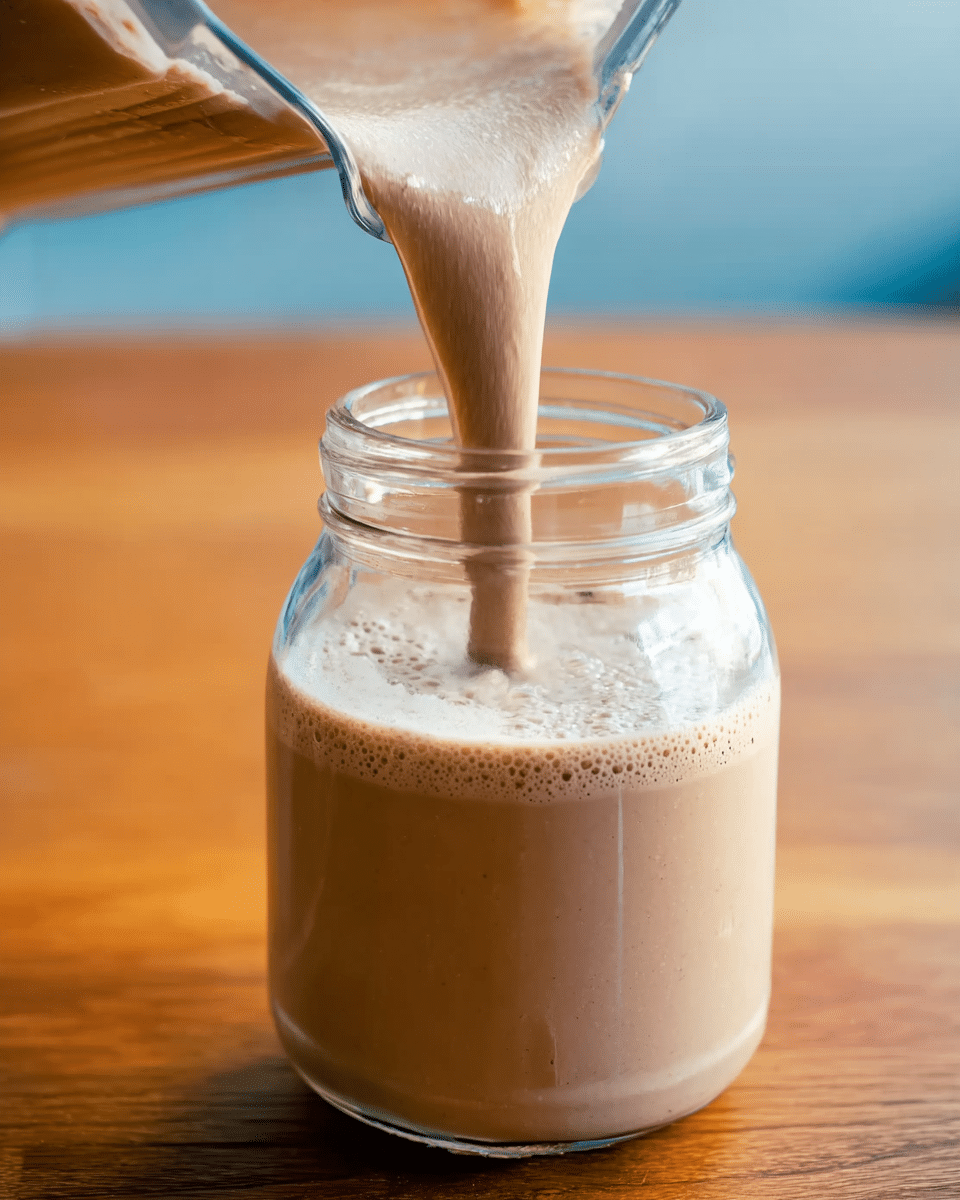 A close-up image shows a light brown, creamy liquid being poured from a blender pitcher into a clear glass jar. The jar is almost full as the liquid flows smoothly, with some bubbles visible on the liquid's surface near the jar's top. The background is a warm wooden table, and the focus is on the jar and the flowing liquid. photo taken with an iphone --ar 4:5 --v 7