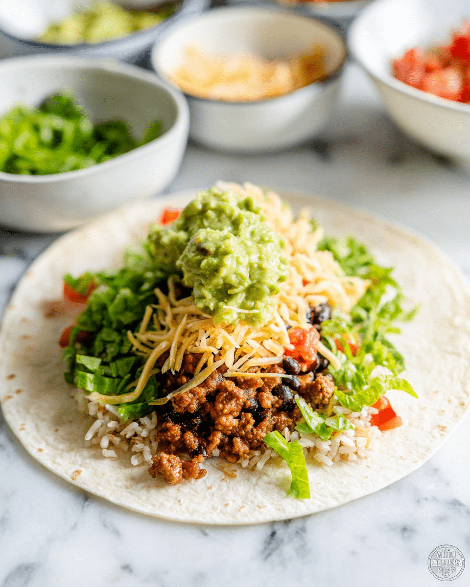 A close-up of a soft white tortilla lays flat on a white marbled surface. It is loaded with a bottom layer of cooked rice mixed with brown crumbled ground meat and black beans. On top of that is a layer of chopped fresh green lettuce followed by small diced tomatoes. Thin shredded pale yellow cheese is sprinkled over the vegetables, and the final layer is a generous scoop of bright green chunky guacamole in the center. In the blurred background, white bowls with various fillings and sauces add color but keep focus on the tortilla. Photo taken with an iphone --ar 4:5 --v 7