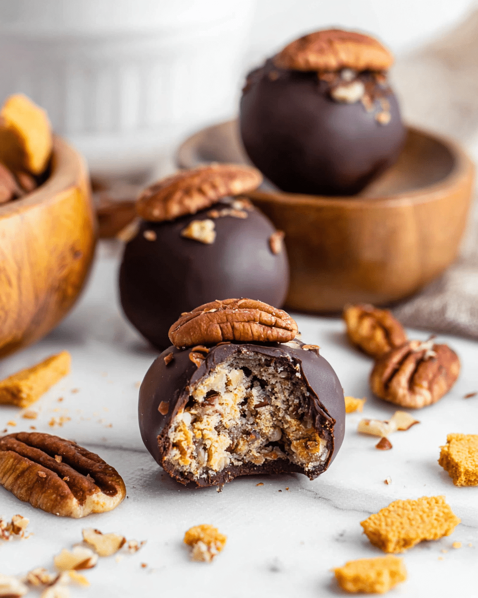 A close-up of three round chocolate-covered balls, each topped with a whole pecan. The front ball has a bite taken out, showing an inner layer filled with chopped pecans and a crunchy light brown center coated with dark chocolate. The other two balls stand slightly blurred behind it on a white marbled surface scattered with pecan pieces and broken golden cookie bits. Part of a wooden bowl is visible on the left side and a white bowl is in the background. photo taken with an iphone --ar 4:5 --v 7