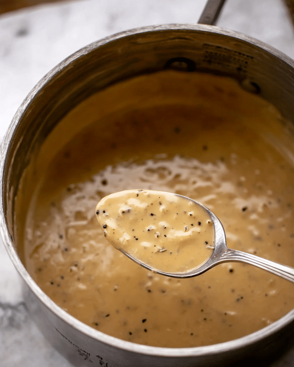 A close-up shot of a metal pot filled with creamy brown sauce that has small chunks and black pepper pieces visible throughout. A metal spoon lifts some sauce, showing its thick and smooth texture. The pot’s inside surface shows measurement marks. The background has a blurred white marbled texture. The photo taken with an iphone --ar 4:5 --v 7