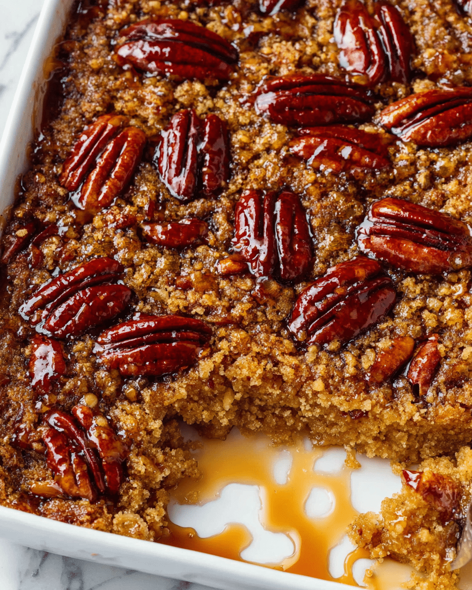 A close-up view of a baked dessert in a white dish, showing two layers: the bottom layer is crumbly and golden brown with a rough texture, and the top layer is covered with large, glossy pecan halves evenly spread across the surface. The pecans are a rich reddish-brown color and have a shiny syrup drizzled around and over them, adding a sticky, amber glaze. One section in the corner shows a small portion scooped out, revealing the layered crumbly texture inside and some sticky syrup pooled in the dish. The background is a white marbled texture. photo taken with an iphone --ar 4:5 --v 7