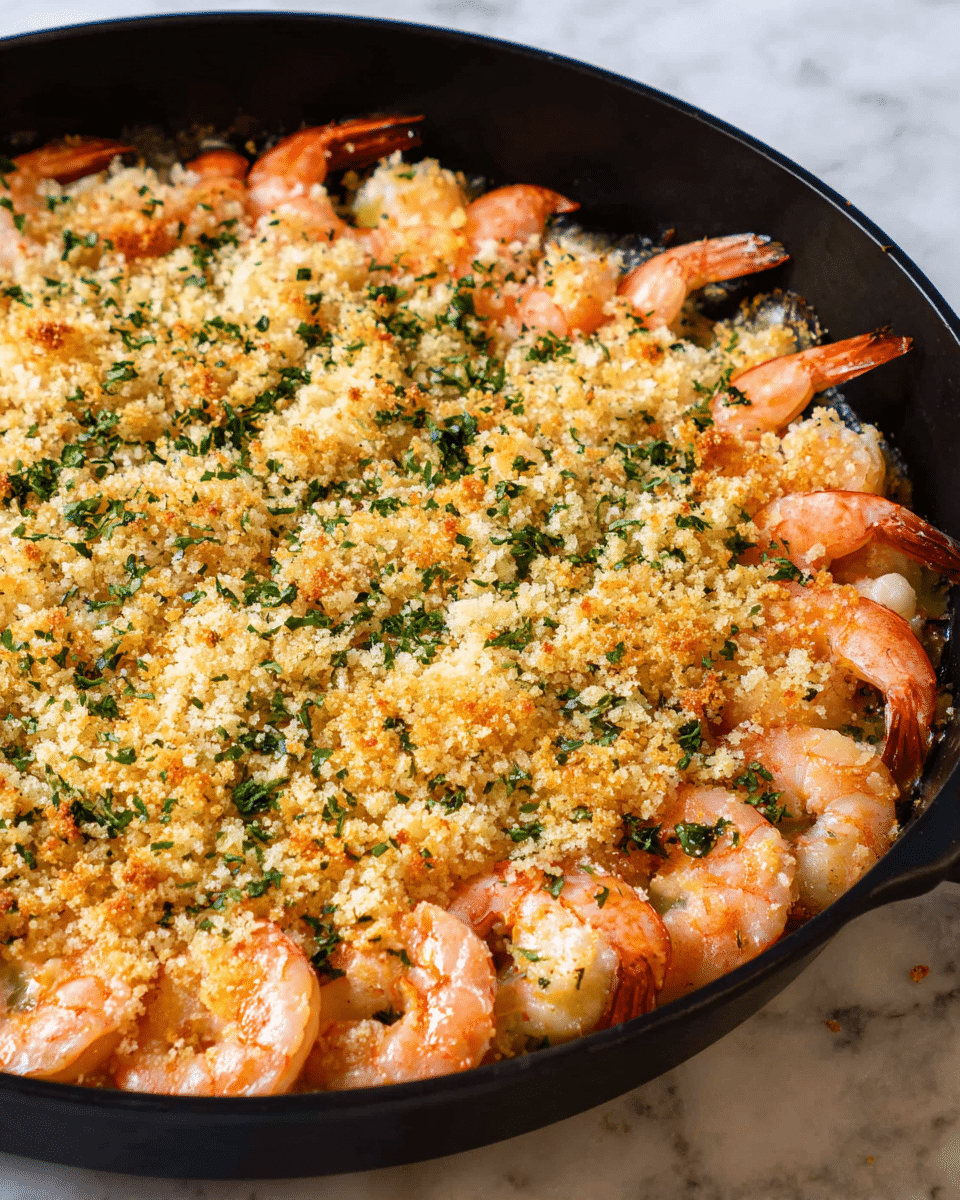 A close-up view of a black skillet filled with a layered shrimp casserole. The bottom layer shows whole cooked pink shrimp placed in a circle, tails pointing outward. Over the shrimp is a thick layer of golden-brown breadcrumb topping mixed with chopped green herbs scattered unevenly across the surface. The skillet rests on a white marbled textured surface. The photo is taken with an iphone --ar 4:5 --v 7