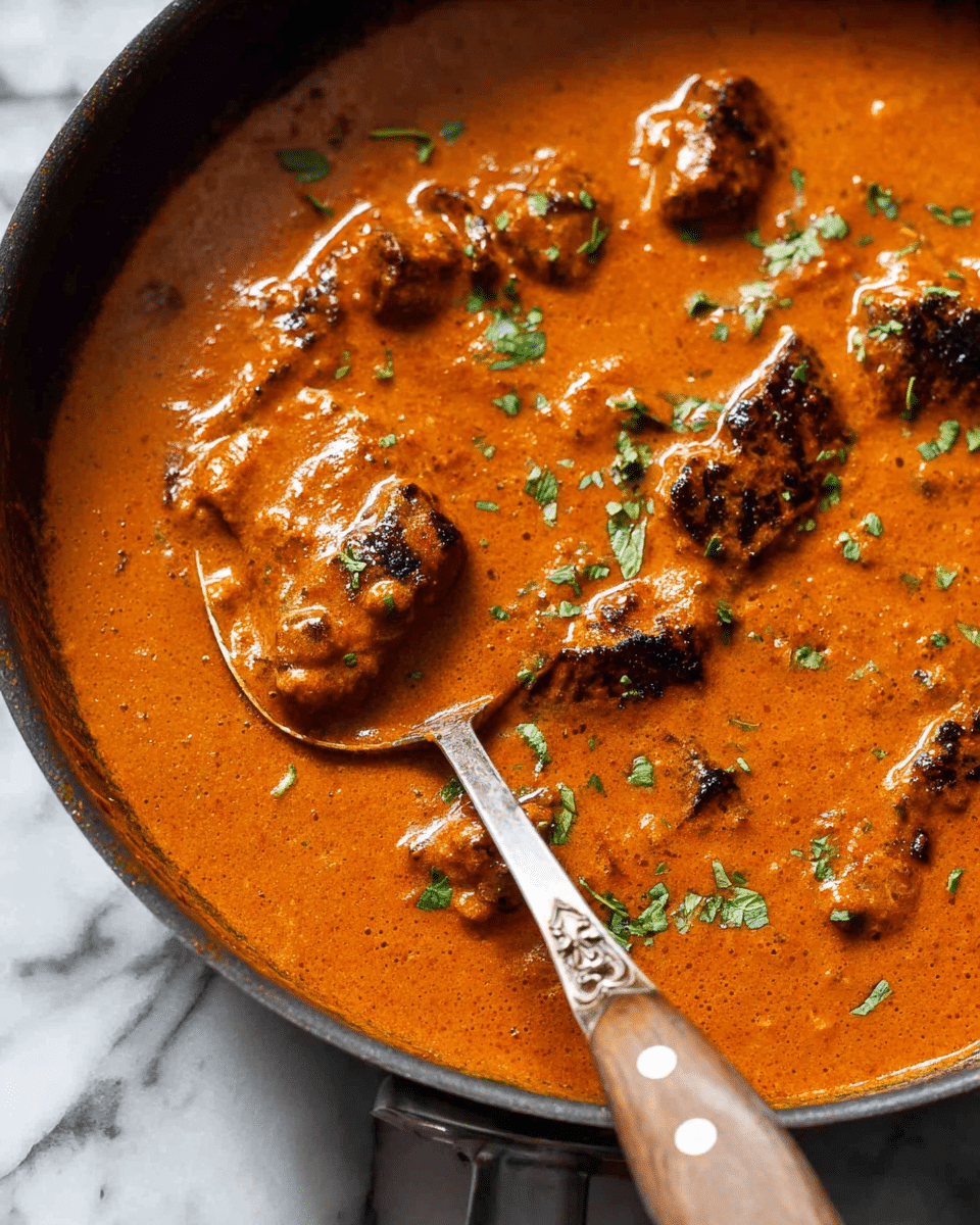 A close-up view of a pan filled with thick, rich orange sauce with charred pieces of meat or vegetables dipped inside. The sauce looks smooth and creamy with small green herb pieces sprinkled on top. A silver spoon with a wooden handle rests on the edge of the pan, partially dipped in the sauce. The pan is on a white marbled surface. Photo taken with an iphone --ar 4:5 --v 7