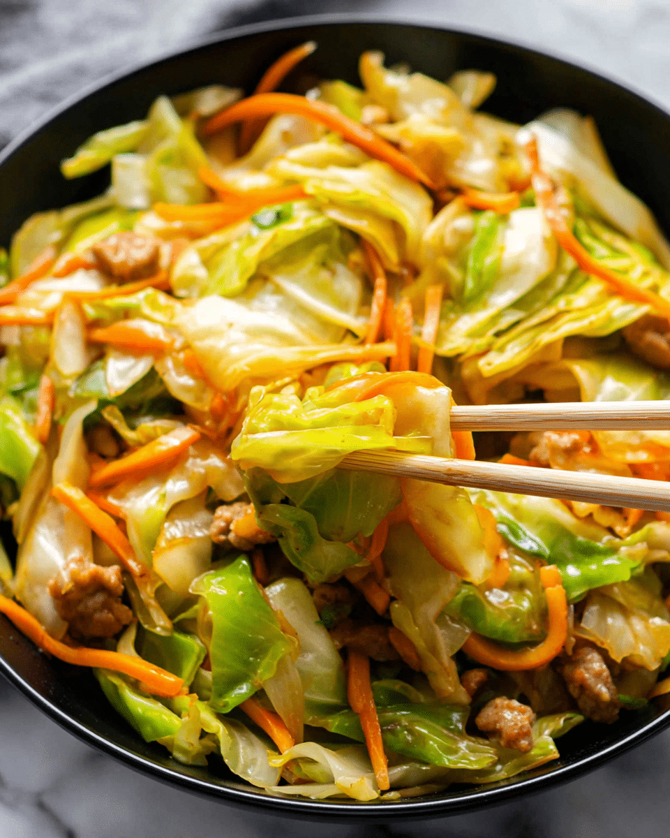 A close-up view of a stir-fried dish in a black bowl placed on a white marbled surface, showing layers of tender green cabbage pieces mixed with thin, orange carrot strips. There are small chunks of light brown cooked meat scattered throughout, all coated in a shiny, light sauce that glistens under the light. A pair of light wooden chopsticks held by a woman's hand is lifting some of the vegetables, highlighting their slightly soft, juicy texture. The colors are warm and fresh with a contrast between the green, orange, and brown ingredients. The overall look is vibrant and appetizing. photo taken with an iphone --ar 4:5 --v 7