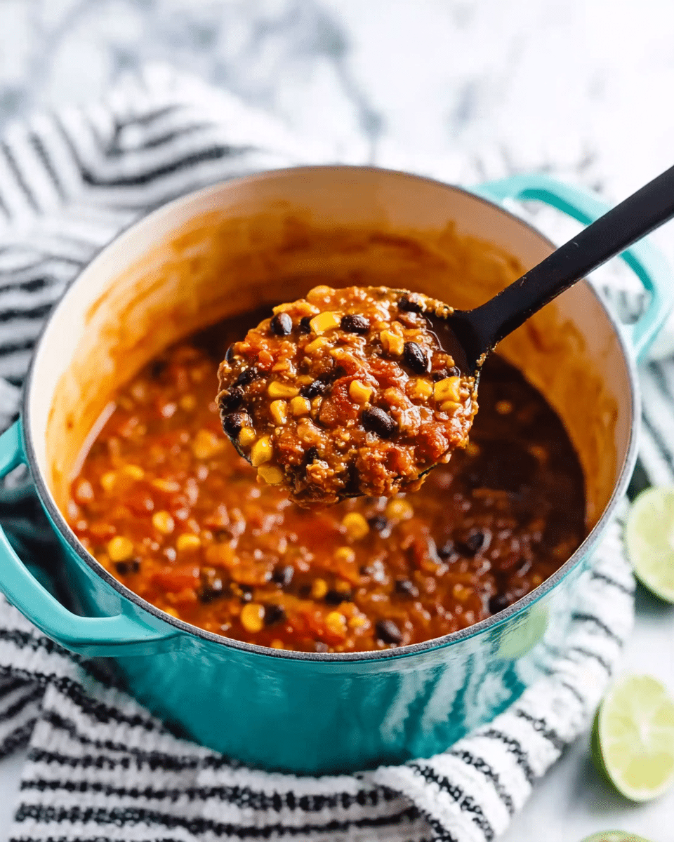 A close-up view of a turquoise pot filled with thick chili containing layers of beans, corn, tomato sauce, and small pieces of vegetables, showing a rich orange-red color with black beans and yellow corn scattered throughout. A black ladle is scooping a portion of the chili, showing a chunky texture with visible layers of beans, corn, and sauce. The pot is placed on a white marbled surface with a white and black striped cloth underneath, and slices of lime nearby. Photo taken with an iphone --ar 4:5 --v 7