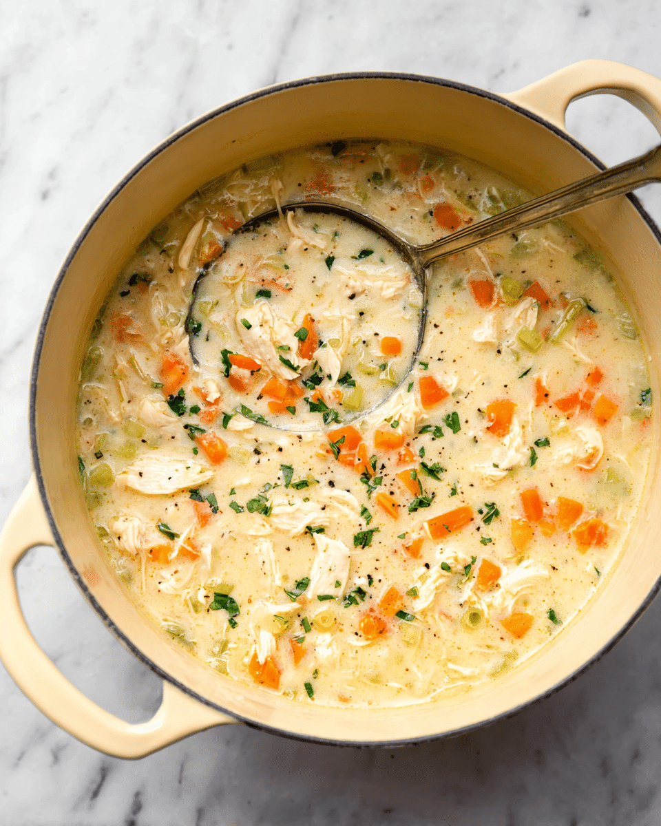 A creamy soup in a pale yellow pot shows a thick, light beige base filled with small chunks of white chicken pieces, bright orange carrot cubes, and small light green celery bits. Fresh green herbs are sprinkled on top, with some black pepper visible, adding texture and contrast. A silver ladle rests inside the pot, partly submerged in the soup. The pot sits on a white marbled surface. photo taken with an iphone --ar 4:5 --v 7