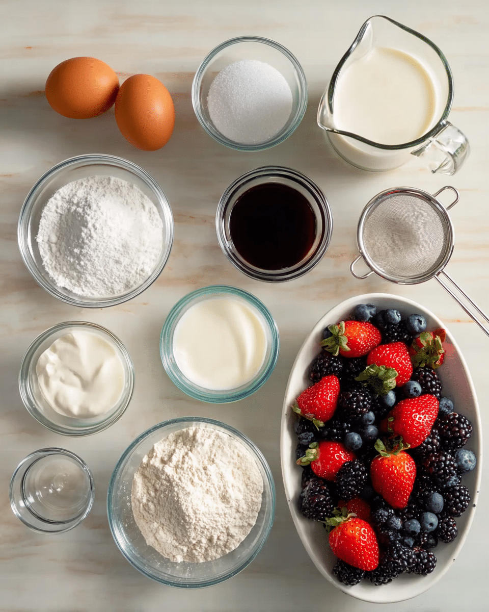 A flat lay image showing several small clear glass bowls on a white marbled surface, arranged neatly in rows. Starting from the top left, there are two brown eggs on the surface, a small glass bowl with white granulated sugar, a medium glass measuring jug filled with milk, a small glass bowl with dark vanilla extract, and another small empty glass bowl. Below these are a small glass bowl with white cream, a medium glass bowl with white flour, and a small glass bowl with baking powder beside a metal sieve holding some white powder. On the right side of the image is a white oval dish filled with fresh fruits: dark blueberries on the left, bright red strawberries with green tops in the middle, and blackberries on the right. The overall look of the image is clean and bright with natural light. Photo taken with an iphone --ar 4:5 --v 7