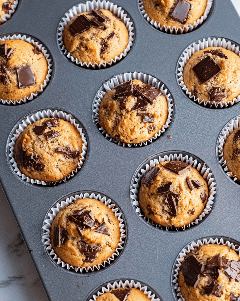 A gray metal muffin tray holds twelve golden brown muffins, each wrapped in white paper liners with ruffled edges. The muffins have a soft, slightly cracked texture on top and are scattered with large and small chunks of dark chocolate pieces embedded on their surface. The tray sits on a white marbled surface, with soft natural light highlighting the warm tones of the muffins and the shine on some chocolate pieces. photo taken with an iphone --ar 4:5 --v 7