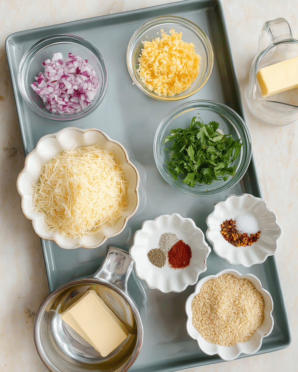 A gray metal tray holds six small white scalloped dishes and glass bowls with various ingredients arranged neatly. In the top left glass bowl are small purple and white chopped pieces, next to a scalloped bowl with bright yellow zest. Below, a round white bowl filled with minced light yellow pieces, and next to it a small clear bowl with fresh green leaves. In the lower left corner is a metal measuring cup filled with shredded pale yellow cheese. Near the bottom right, a scalloped dish contains four spices: coarse white salt, ground black pepper, crushed red pepper flakes, and reddish-brown paprika. Off to the right, on a white marbled surface, a clear glass measuring cup holds a stick of pale yellow butter, and a small white bowl with light yellow liquid. photo taken with an iphone --ar 4:5 --v 7