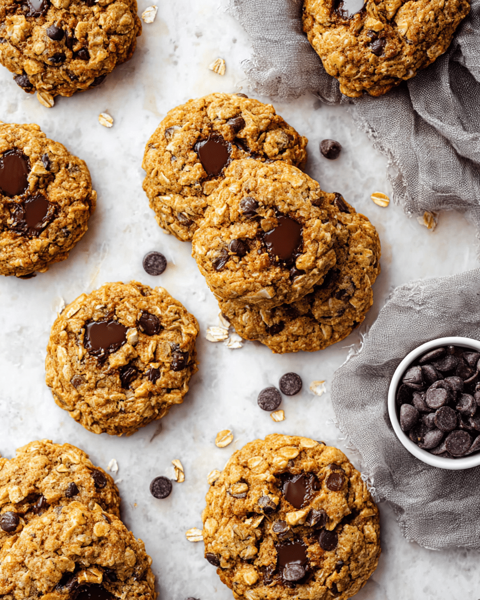 A group of round, golden brown cookies with visible oatmeal flakes and dark chocolate chips are scattered on a white marbled surface. Each cookie is thick and textured, with some chocolate chips partially melted and some whole on the top. Among the cookies, there is a small white cup filled with dark chocolate chips, resting on a crumpled gray cloth that adds a soft element to the scene. The mix of the cookies’ rough texture and shiny chocolate chips contrasts with the smooth white marbled background. photo taken with an iphone --ar 4:5 --v 7
