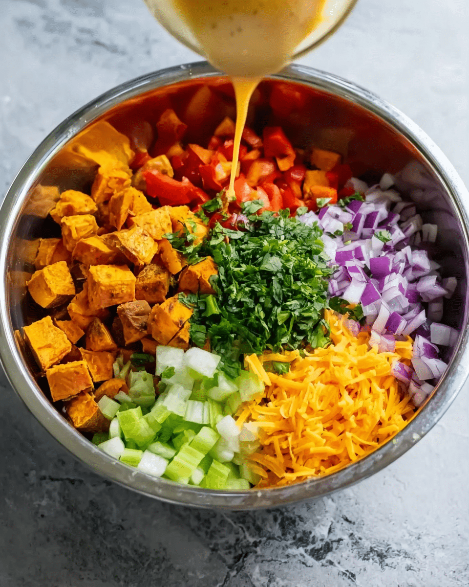 A large silver metal bowl sits on a white marbled surface, filled with six colorful layers arranged separately. The bottom left layer has golden roasted cubed sweet potatoes, next to it on the top left are chopped bright red bell peppers. In the center, there are pale green diced celery pieces. To the right of the celery are small chopped purple onions. Next to the onions on the top right is a mound of fresh green chopped herbs, and beside that on the far right is a bright pile of shredded orange cheese. A light brown creamy dressing is pouring into the bowl from above, adding an action element to the scene. Photo taken with an iphone --ar 4:5 --v 7