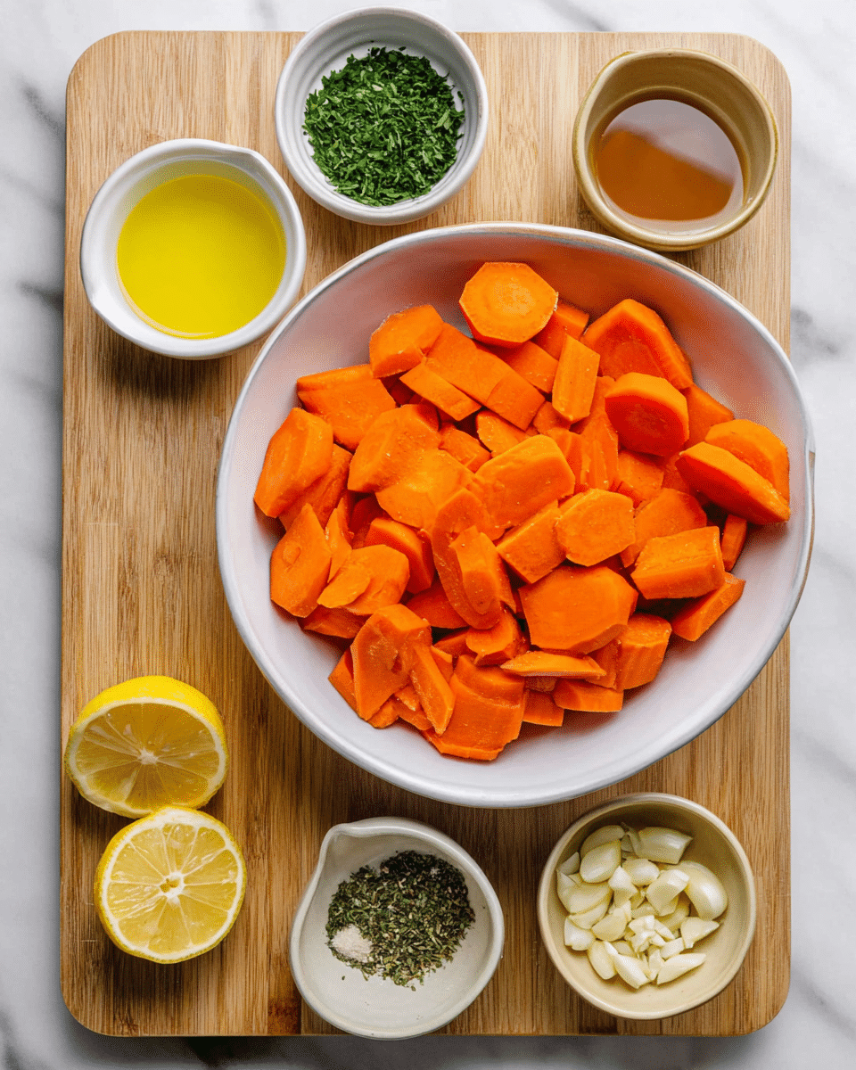 A large white bowl is filled with bright orange carrot pieces, each cut into thick, uneven chunks, showing smooth surfaces and rounded edges. Around the bowl on a light wooden cutting board are five small bowls: one white bowl with yellow olive oil, one beige bowl with green dried herbs, one beige bowl with chopped green parsley, one brown bowl with a small amount of light amber liquid, and one beige bowl holding half a bright yellow lemon. All items are placed on a white marbled surface. photo taken with an iphone --ar 4:5 --v 7