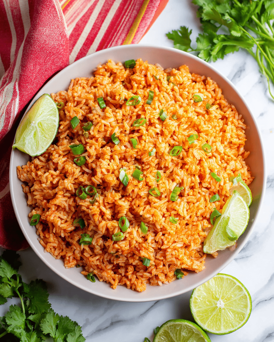 A large white bowl is filled with orange-red rice mixed with small green onion pieces scattered on top. Two lime wedges are placed on the left side of the rice inside the bowl. Around the bowl, there are green cilantro leaves and lime wedges on a white marbled surface, with a red and beige striped cloth partially visible in the top left corner. The rice texture looks slightly fluffy and well cooked. photo taken with an iphone --ar 4:5 --v 7