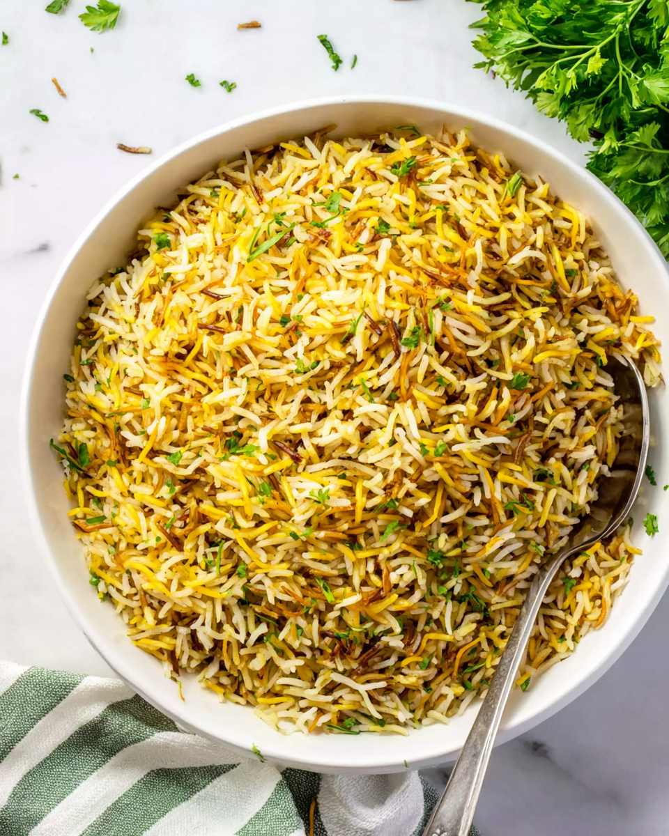 A large white bowl is filled with yellow and light brown rice mixed with thin toasted vermicelli pieces, creating a textured and colorful look. The rice grains are long and fluffy, with bits of green herbs scattered throughout for contrast. A silver spoon rests inside the bowl near its edge. The bowl sits on a white marbled surface with bits of herbs around and a green and white striped cloth underneath. In the background, some green parsley adds a fresh touch. The lighting is bright and natural, showing the details clearly photo taken with an iphone --ar 4:5 --v 7