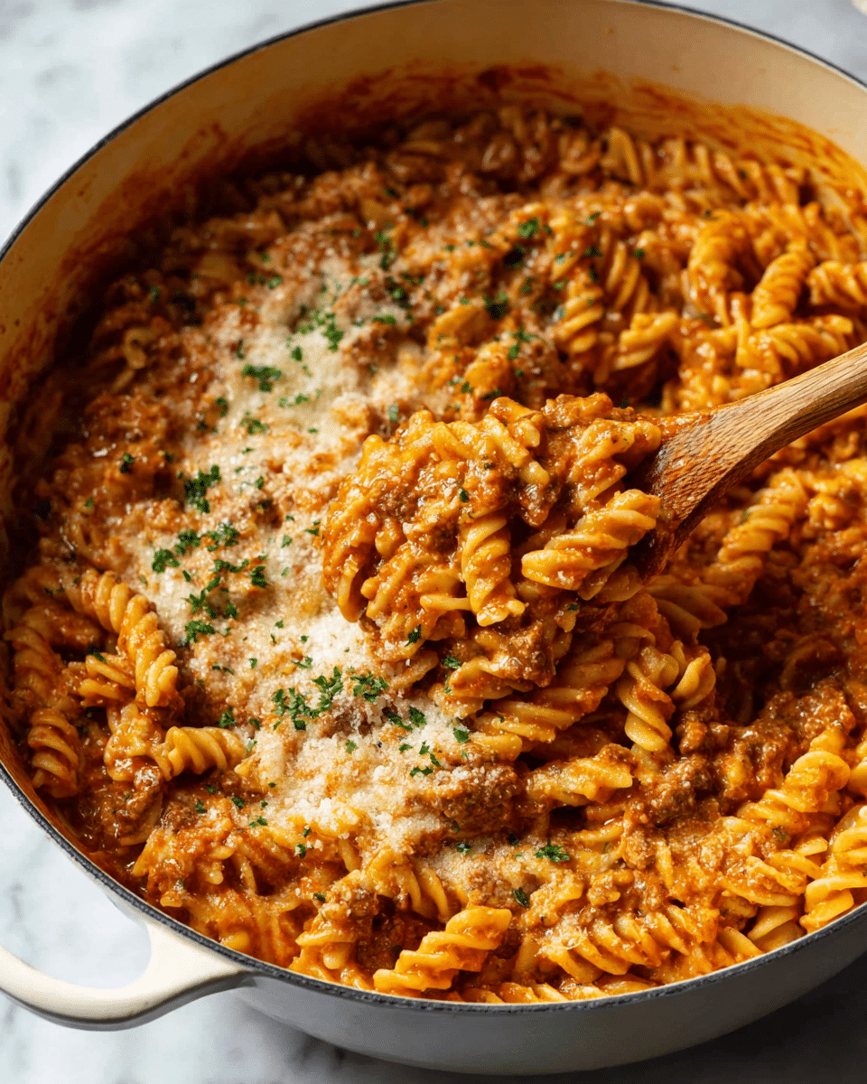 A large white pot filled with tight spiral pasta covered in a thick, reddish-brown sauce mixed with small bits of meat. The pasta is creamy and well coated with sauce, showing some white melted cheese partially stirred in. A wooden spoon lifts a serving of pasta, emphasizing the rich texture of the sauce. The top center of the pasta is sprinkled with a layer of light-colored grated cheese and small green herb pieces for garnish. The pot sits on a white marbled surface. Photo taken with an iphone --ar 4:5 --v 7