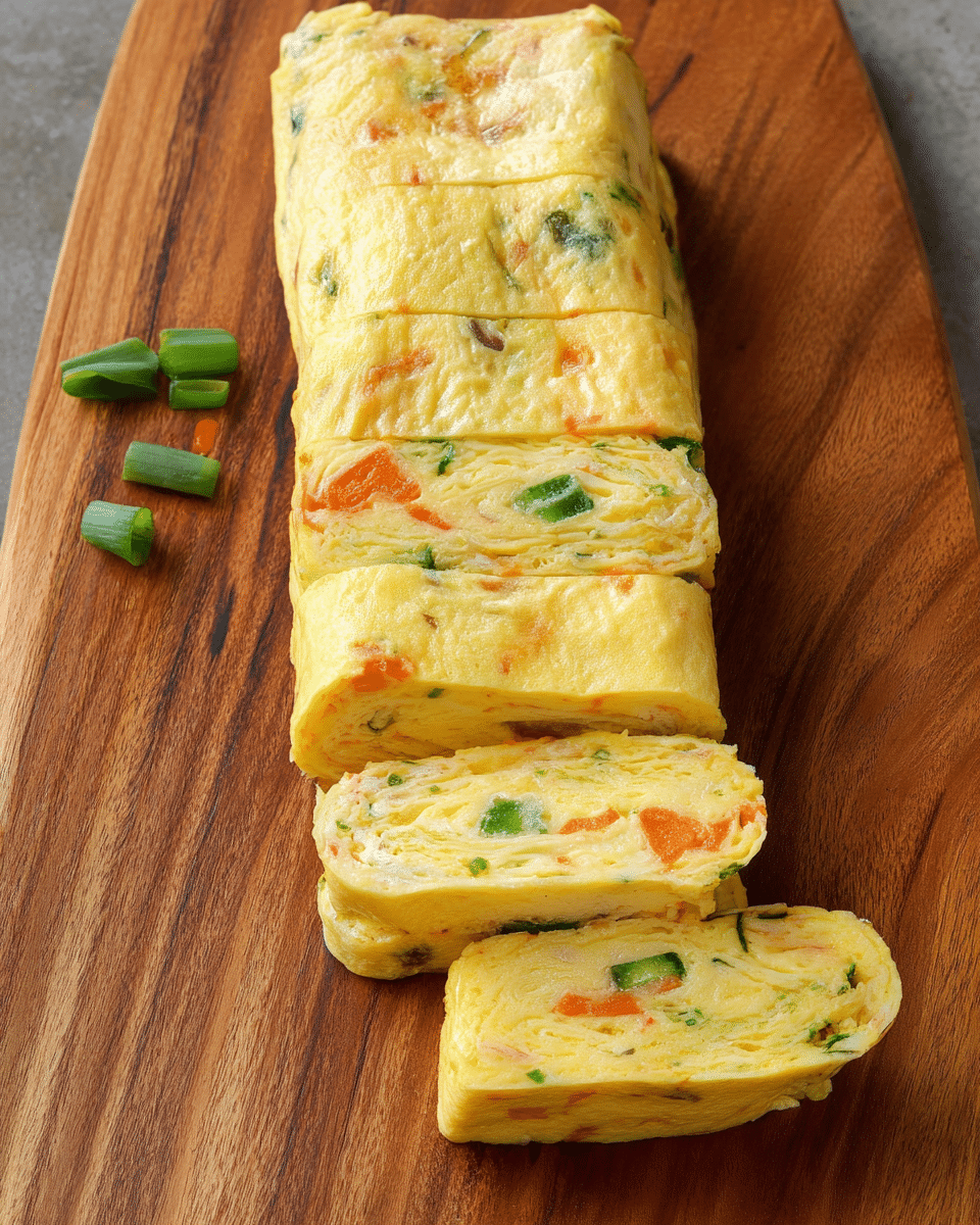 A long, rectangular rolled omelet is placed on a wooden board, sliced into six equal pieces with two smaller pieces standing upright nearby. The omelet has a soft yellow color with visible bits of orange carrot and green onion inside, giving it a slightly textured surface. The rolls show delicate layers of cooked egg with bright vegetable accents throughout. The wooden board has a warm brown tone with natural grain patterns. photo taken with an iphone --ar 4:5 --v 7