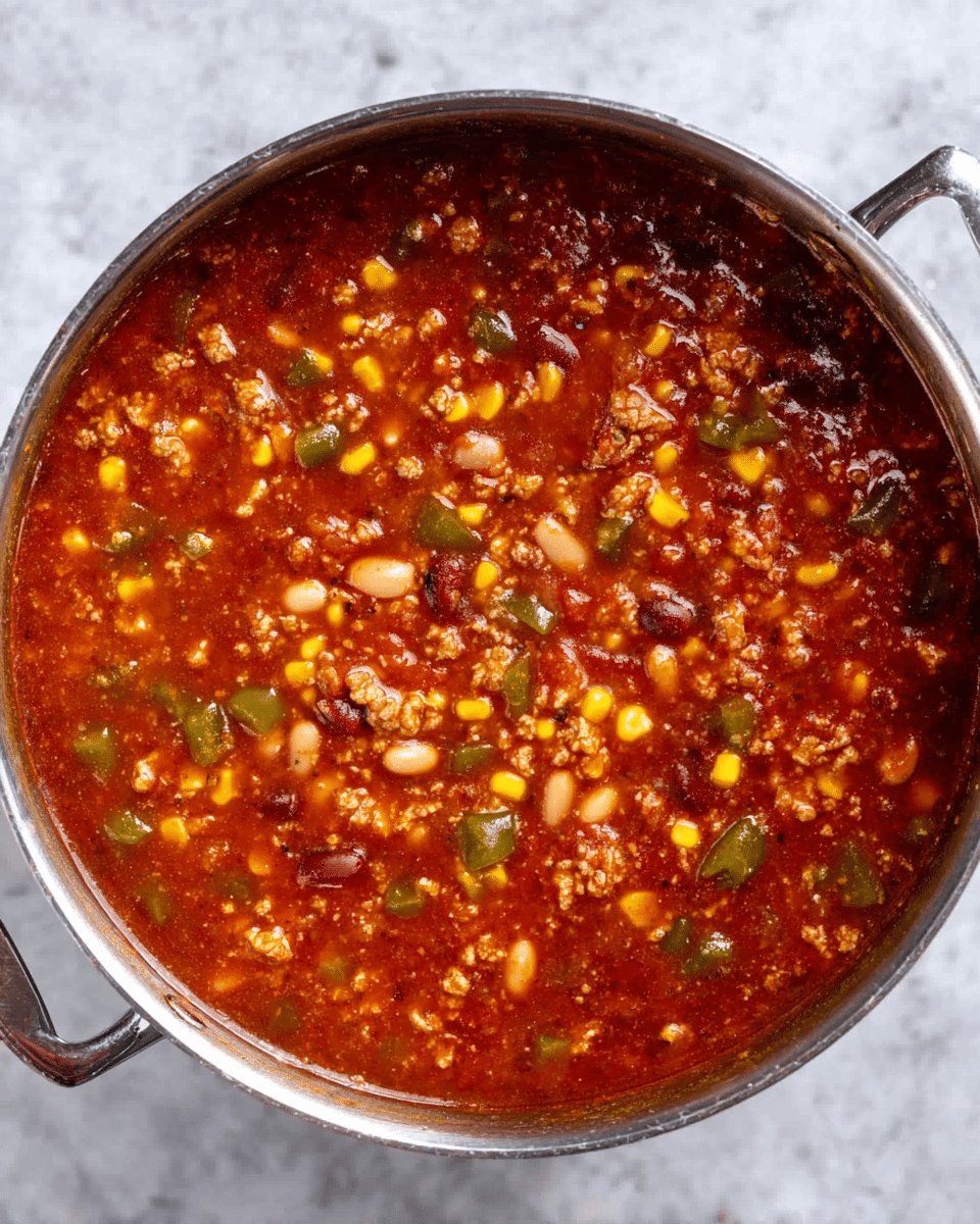 A pot filled with thick red soup that has many ingredients mixed together. The soup has small pieces of green peppers, yellow corn kernels, white and red beans, and bits of cooked meat spread evenly in the liquid. The red base looks rich and slightly glossy, with some small chunks of onions visible. The pot is silver with handles on the sides, and it sits on a white marbled surface. photo taken with an iphone --ar 4:5 --v 7