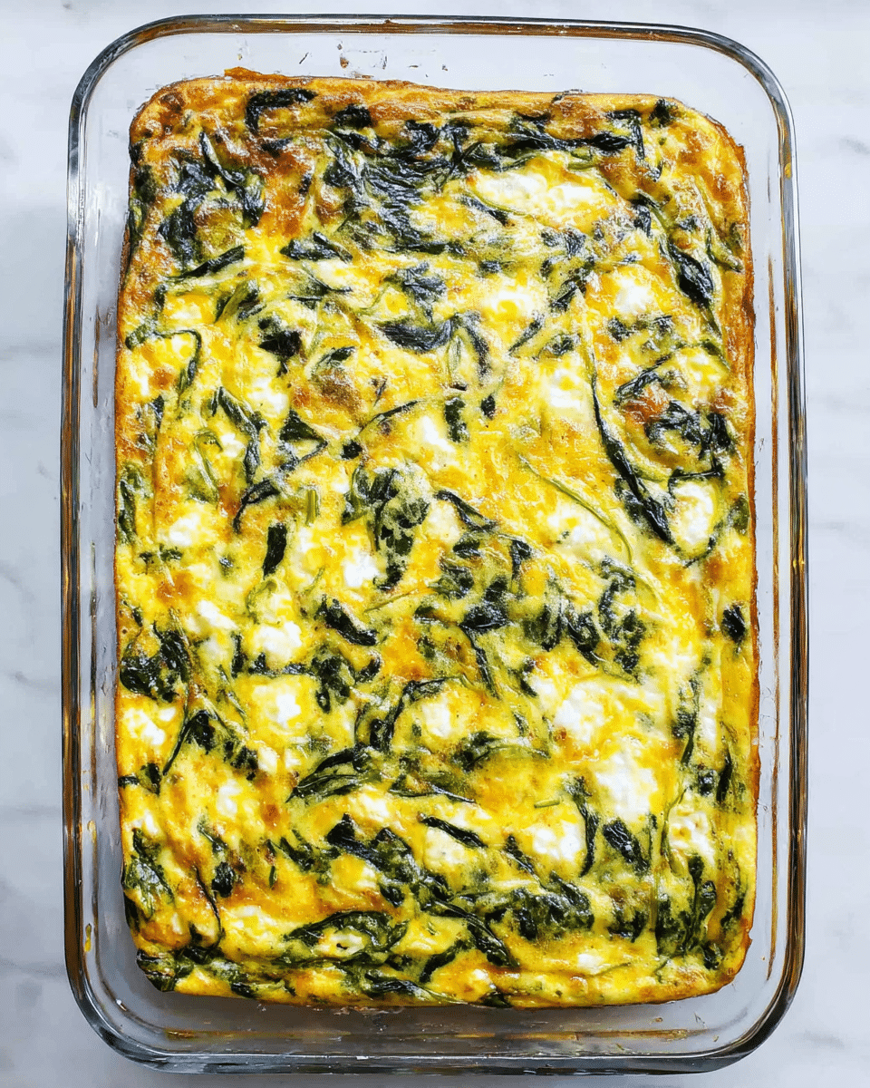 A rectangular baked dish in a clear glass pan shows a layer of cooked egg mixed with dark green spinach leaves evenly spread throughout. The egg layer is golden yellow with spots of white from the egg whites, and some edges are slightly browned. The spinach pieces have a soft texture and are scattered in no specific pattern, creating a mottled green and yellow surface. The pan is set on a white marbled surface. photo taken with an iphone --ar 4:5 --v 7