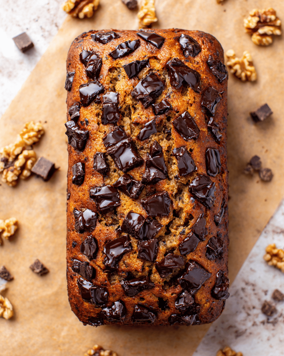 A rectangular loaf cake covered on top with many dark brown and glossy chocolate chunks that are unevenly placed and slightly melted into the golden brown crust. The cake itself has a textured surface with a warm tan color showing between the chocolate pieces. Around the loaf, there are small scattered pieces of walnut and chocolate on a light brown paper. The background is a white marbled texture photo taken with an iphone --ar 4:5 --v 7