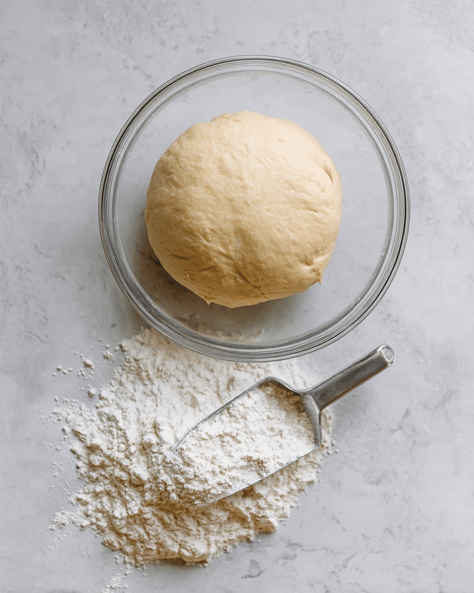 A round ball of smooth, pale beige dough sits in a clear glass bowl placed on a white marbled surface; next to the bowl, a silver metal scoop is filled with white flour that slightly spills onto the surface, creating a soft contrast between the dough and flour with a simple and clean background. photo taken with an iphone --ar 4:5 --v 7