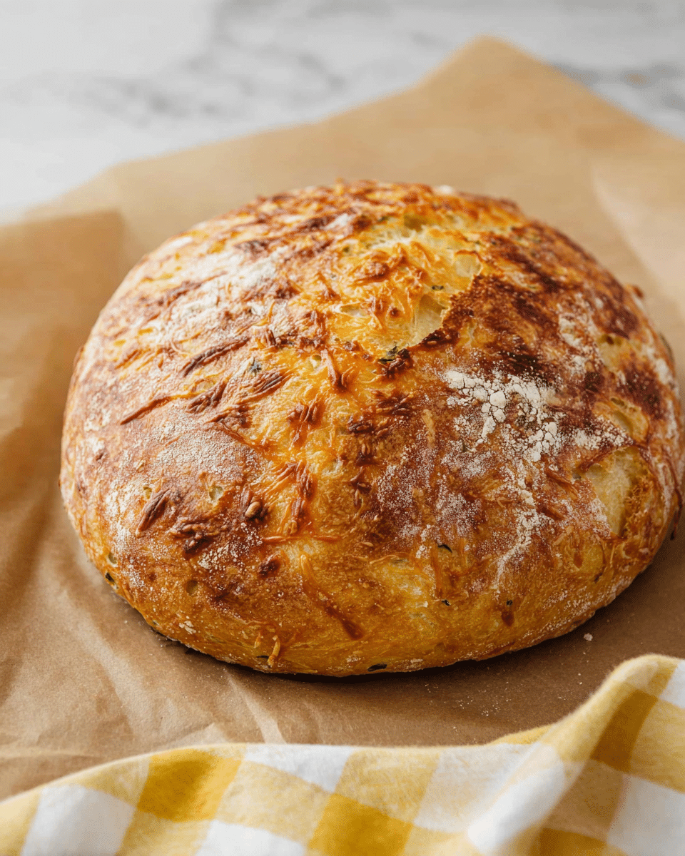 A round loaf of bread with a golden brown, crispy crust is shown on a sheet of brown parchment paper. The crust is textured with some white flour dusted on top and has scattered darker brown spots with melted, slightly darker orange-brown cheese baked on the surface. The bread is plump and rustic with visible cracks and crevices, suggesting a soft inside. In the foreground, a yellow and white checkered cloth is partially visible, placed on a white marbled surface photo taken with an iphone --ar 4:5 --v 7