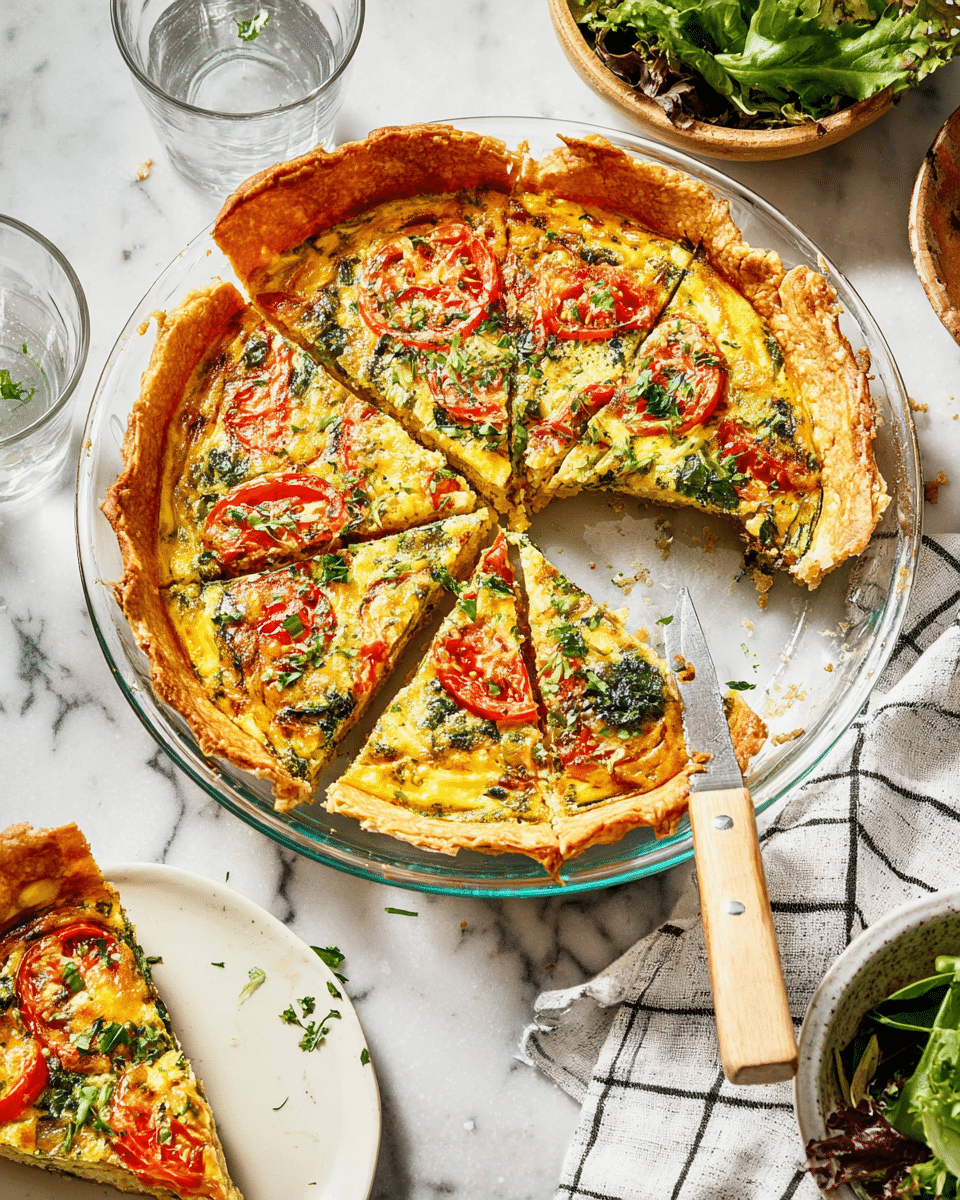 A round quiche with a golden brown crust sits in a clear glass dish, sliced into six pieces with one slice slightly pulled out. The quiche has a thick yellow egg layer mixed with green leafy vegetables, and slices of red tomatoes on top, sprinkled with fresh chopped green herbs. The crust is crispy and raised around the edge. Next to the dish, a white plate holds one piece of quiche with visible layers of egg, green veggies, and tomato. A knife with a light wooden handle rests on the quiche in the dish. The setting includes a white marbled surface with a checkered cloth underneath the dish, a glass of water, and bowls with fresh salad greens around. Photo taken with an iphone --ar 4:5 --v 7